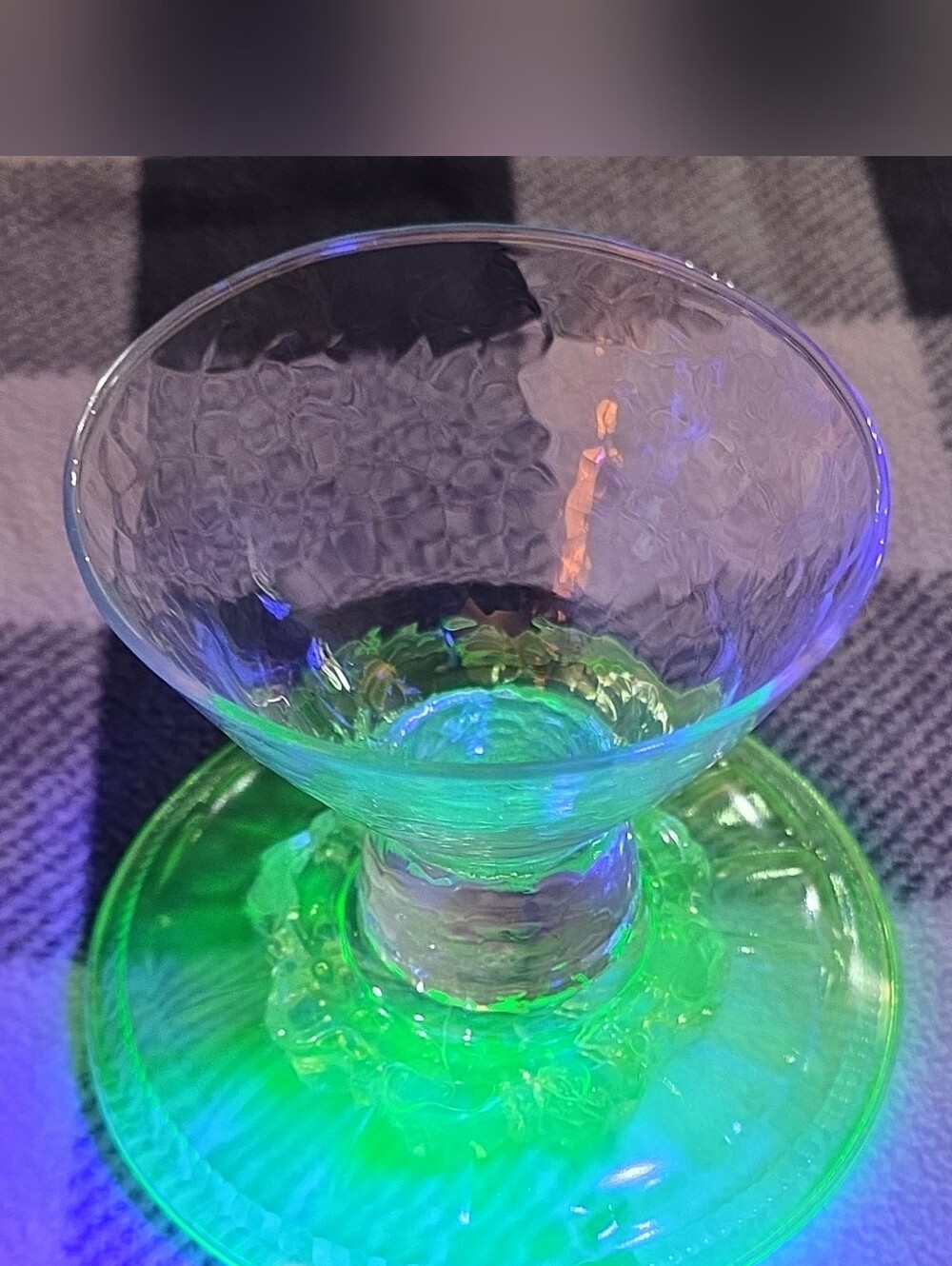 Vintage Uranium Glass Pedestal Display Stand UV Reactive Upcycled Green Plate